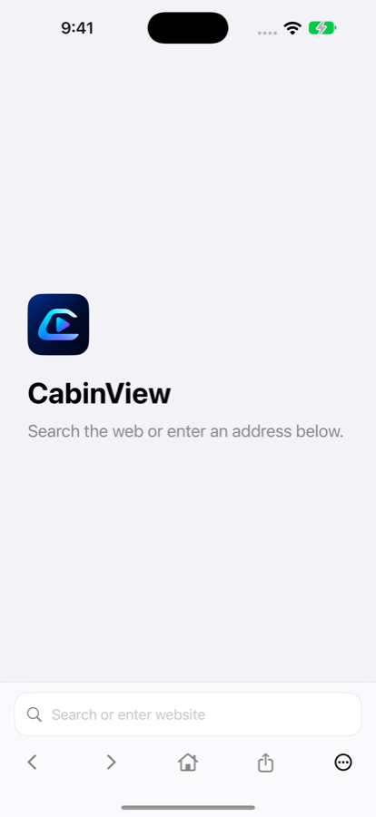 CabinView start page with a search field and native back, forward, home, share, and more controls.